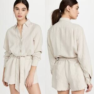 NEW Marissa Webb Rowan Linen Button Down Long Sleeve Tan Romper in Flax